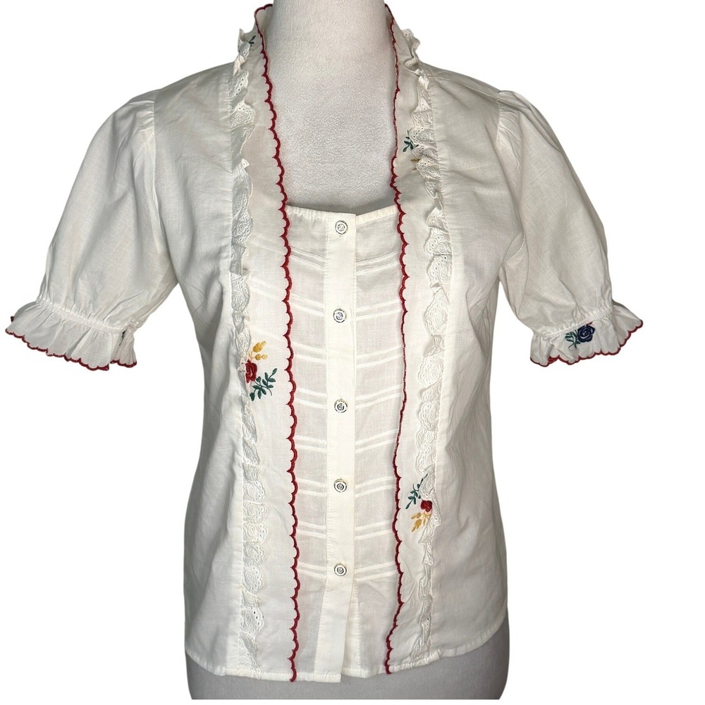 White Embroidered Ruffle Front Bavarian‎ Style Blouse S Puff Sleeve Boho Twee